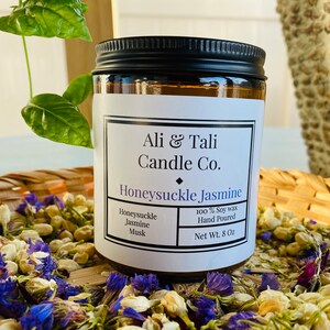 AliandtaliCandleCo. | Honeysuckle Jasmine Soy Candle| 8oz Handmade 100% Soy Wax Candle | Scented Candle | Glass Jar Candle | Gift candles