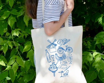 Französische Mädchenästhetik Baumwoll-Einkaufstasche, Paris Umhängetasche, wiederverwendbare Geschenktasche, Bauernmarkttasche, Pariser Geschenke, Kunstmädchen-Einkaufstasche