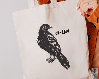 Black Crow Tote, Ca-Caw, Halloween Tote Bag, Trick or Treat Bag, Raven, Light Goth Tote Bag, Zero Waste Gift Bag,