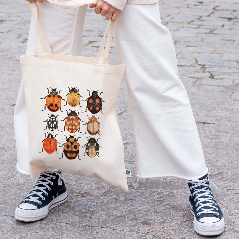 Bug Tote Bag, Reusable Cotton Canvas Beetle Print Bag, Biology Nature