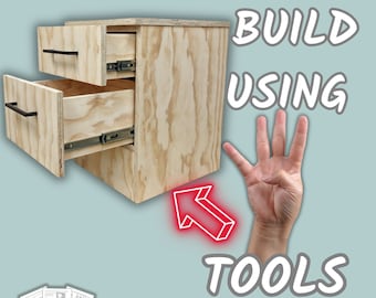 May include: DIY plans for a two-drawer cabinet, made from plywood. The plans are shown in a stack of papers. The cabinet is shown partially assembled, with the drawers open. The text "BUILD USING 4 TOOLS" is shown in the image.