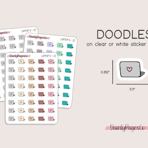 May include: Four sheets of stickers with a laptop design. Each sheet has 22 stickers in different colors, including gray, beige, brown, pink, and teal. The stickers are 0.352 inches in diameter and 0.5 inches wide. The text "DOODLES on clear or white sticker paper" is at the top of the image.