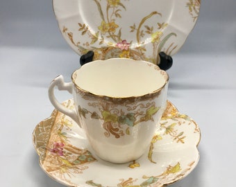 Very RARE Antique c.1895 Wileman (Pre Shelley) Kensington Pattern Lily Shape Trio Teacup & Saucer Set, Hand Painted, Signed #0584 Mint
