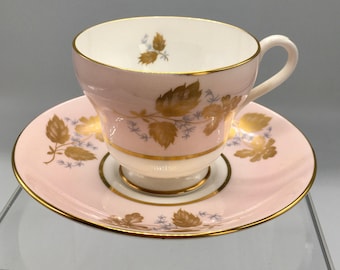 RARE Vintage E.B Foley (Shelley) England Light Pink, White & Gold Rim Demi Teacup and Saucer #14104/531. Signed, Mint Condition.