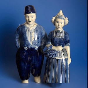 VERY RARE VTG Hand-Painted Delft Holland Blue White Retro Farmer & Wife Figures, Signed,11.5” Tall, Possibly One of a Kind