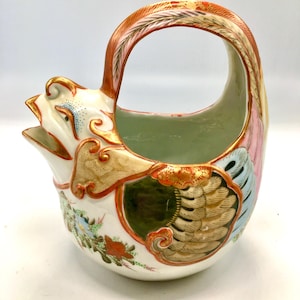 Rare Antique Kutani Japanese Asian Ceramic Rooster Teapot, Signed Hand Painted Folk Art, Colorful, Signed Kutani in Japanese on bottom.