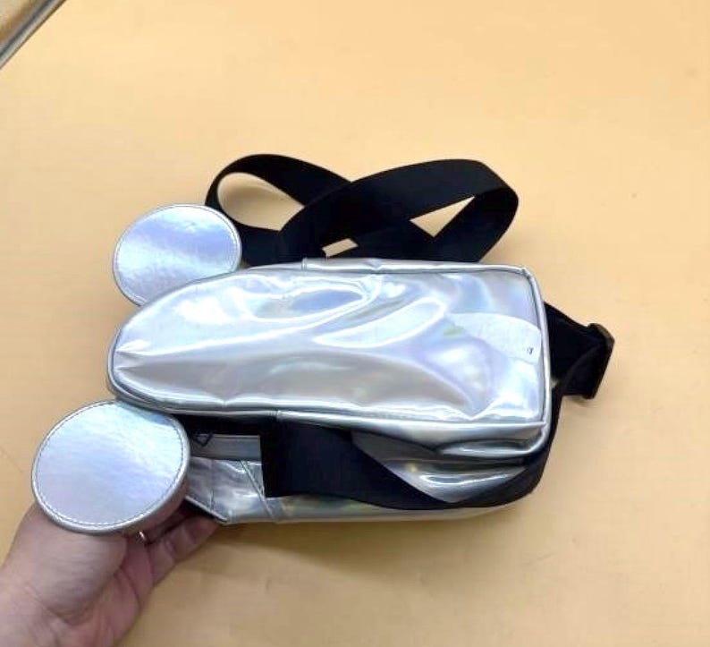 Może przedstawiać: Srebrna nerka z czarnymi paskami i dwoma okrągłymi, srebrnymi akcentami. Torba ma błyszczące, metaliczne wykończenie i prostokątną komorę gł&oacute;wną. Paski są regulowane.