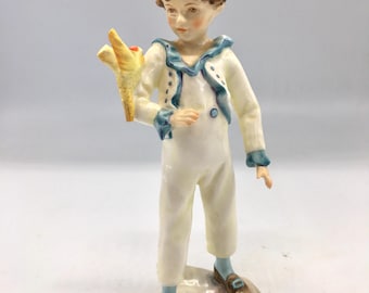 RARE Antique Hand Painted Royal Worcester Porcelain "Boy with Parakeet," designed by Freda Doughty 1935 Marked #RW3087 Signed 7x3”