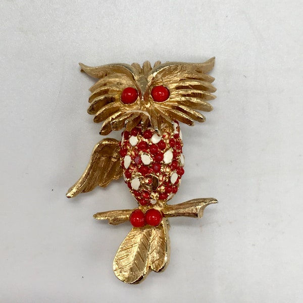 Vintage 1964 Shabby Granny-core Signed Oleg Cassini Gold Tone Red & White Beaded OWL Pendant Pin Brooch. 2x1.5 inches Excellent Condition.