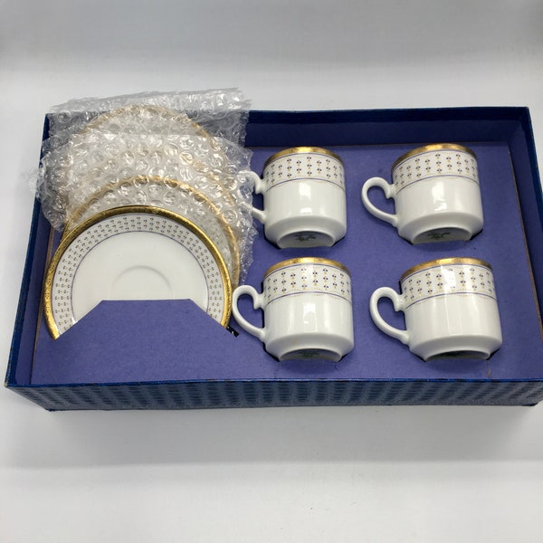 NEW VTG 8Pc Tirschenreuth Bavaria Signed 24k Gold Rim Demi Teacups & Saucer Set In Original Box. Mint Condition