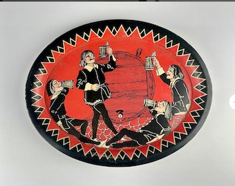 Antique Unique 1930’s Mancave Bavarian Beer Hall Barware Metal Red Black & White Tray featuring Partying 17th Century Cavaliers 13x10.5”