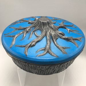 Unique Vintage MCM Shabby Art Pottery Handmade Bright Blue & Gray Abstract Tree Branches Lidded Ceramic Dish 9” Diameter, 2” Deep. Unsigned