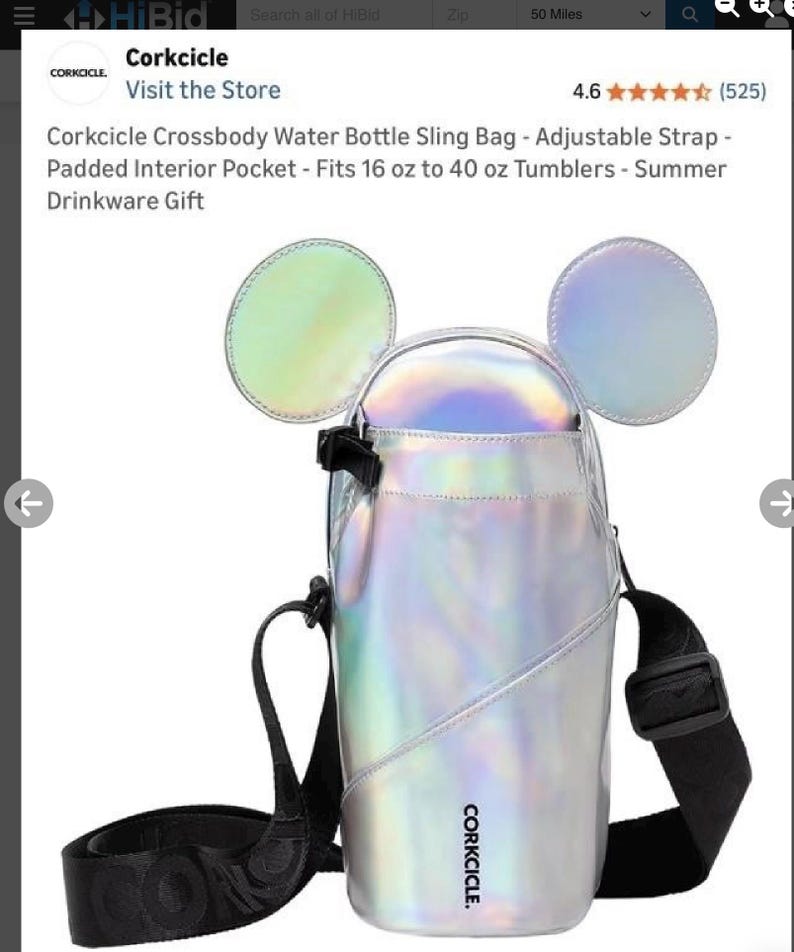 Może przedstawiać: Srebrna torba na ramię na butelkę z wodą z regulowanym czarnym paskiem. Torba ma wyściełaną kieszeń wewnętrzną i tęczowe uszy w stylu Myszki Miki. Przeznaczona do kubk&oacute;w o pojemności od 473 ml do 1,18 L.