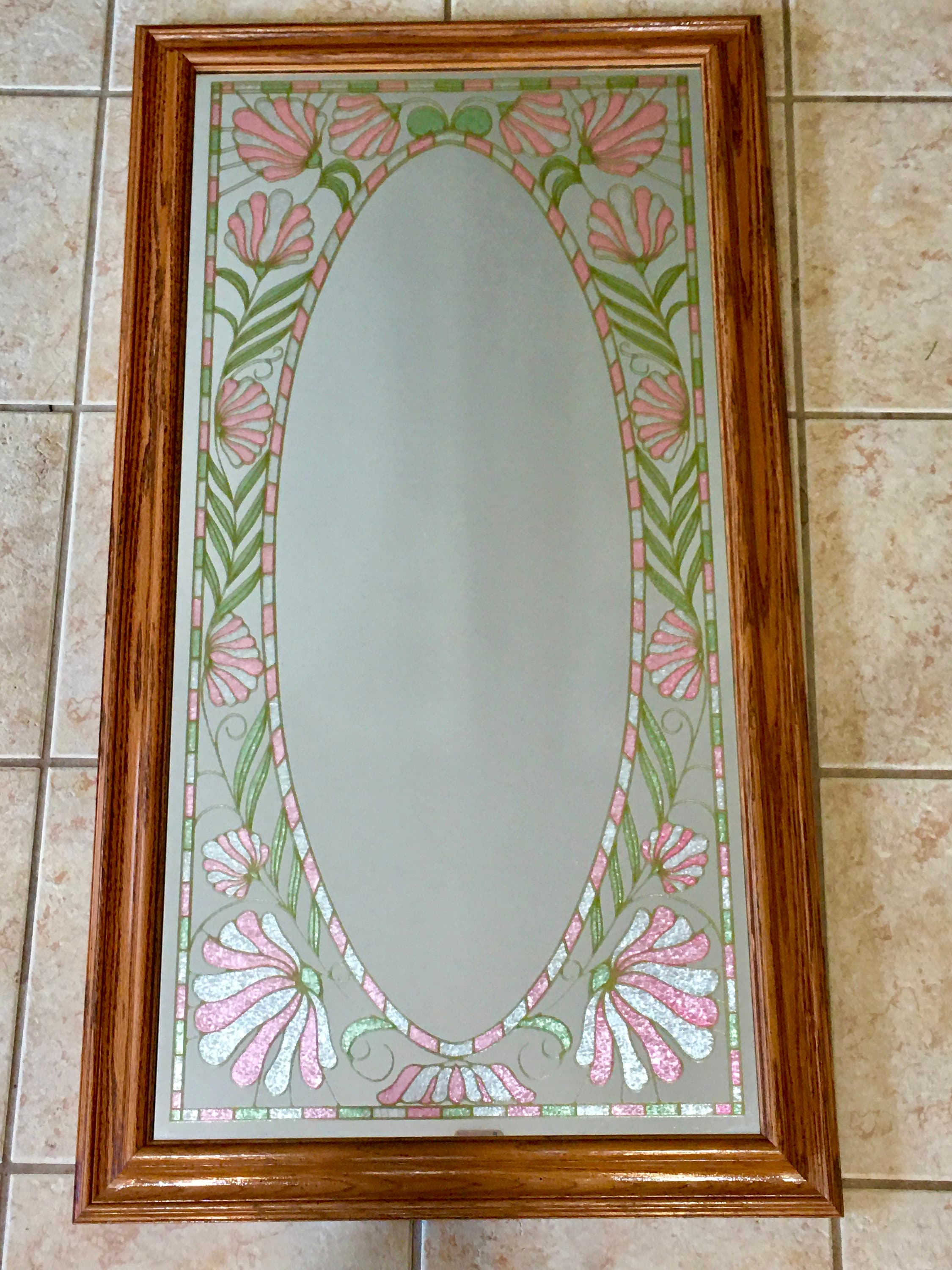 VTG Handmade Windsor Art Productions Oak Framed Pink & Green