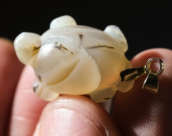 Unique Hand-Carved Translucent Dendritic Agate Turtle Pendant with Gold-Colored Stainless Steel Necklace