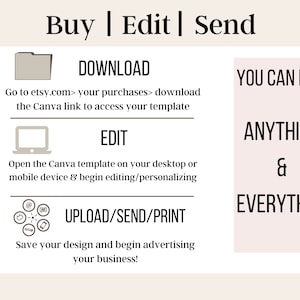May include: A graphic with instructions on how to buy, edit, and send a Canva template. The graphic includes icons for downloading, editing, and uploading/sending/printing. The text says "You can edit: Anything & Everything".