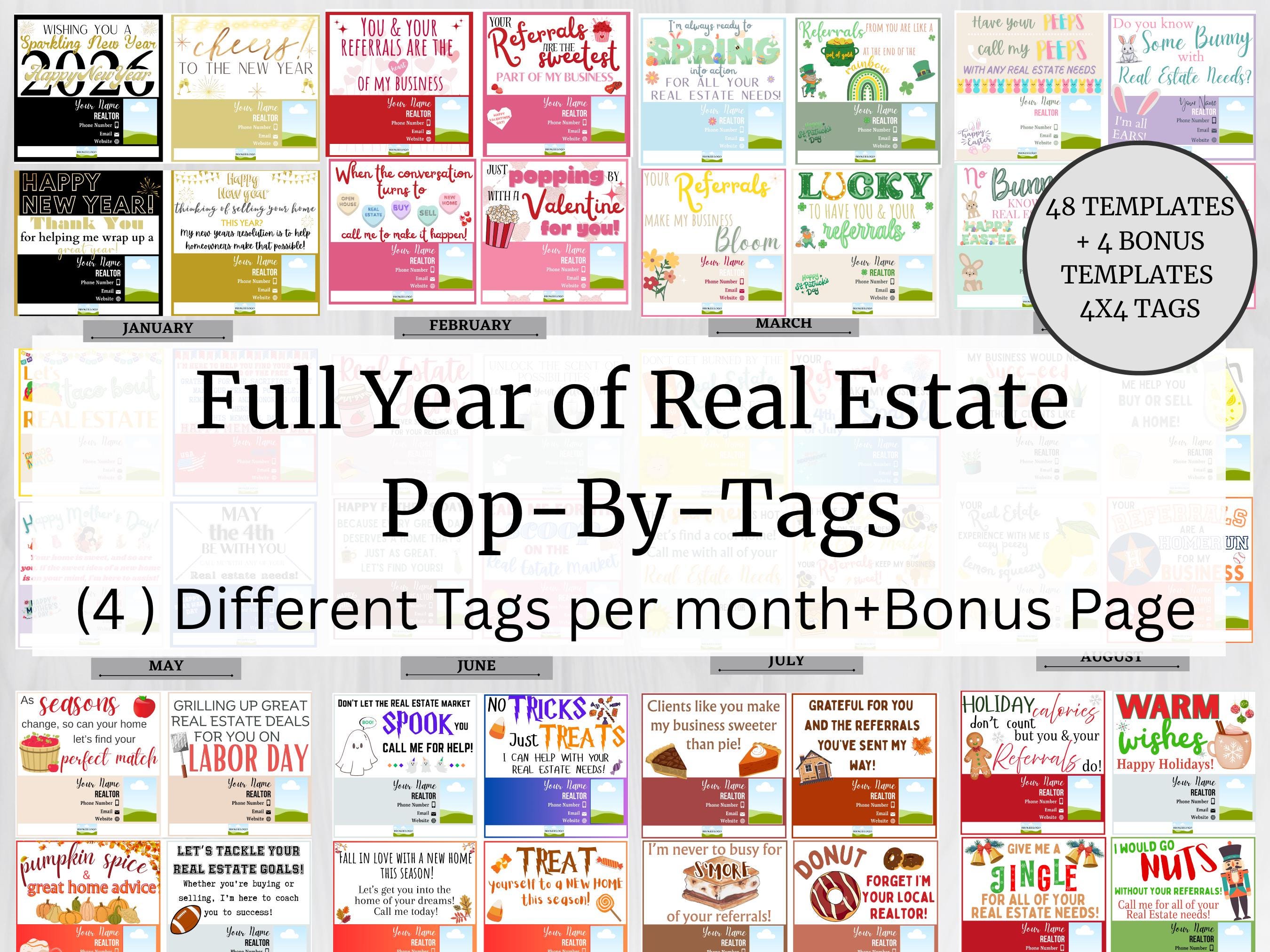 Full Year Realtor Tags | Pop by Tags | Real Estate Pop By Tag | Realtor Marketing | Referral Gift Tags | 12 Month Seasonal | EDITABLE