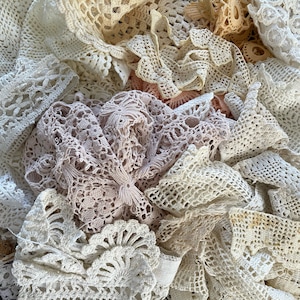 Mixed bag of vintage doilies, crocheted trim, vintage lace, trims, snippets for mixed media, junk journals, all types of projects