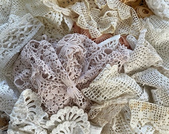 Mixed bag of vintage doilies, crocheted trim, vintage lace, trims, snippets for mixed media, junk journals, all types of projects