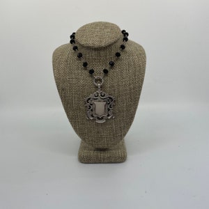 Vintage Silver Medal Pendant with Black Onyx Beads - 20&quot;
