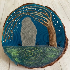 Standing Alone | Celtic Painting | Wood Slice Painting | Celtic Landscape | Sacred Ground | Celtic Art | Standing Stone
