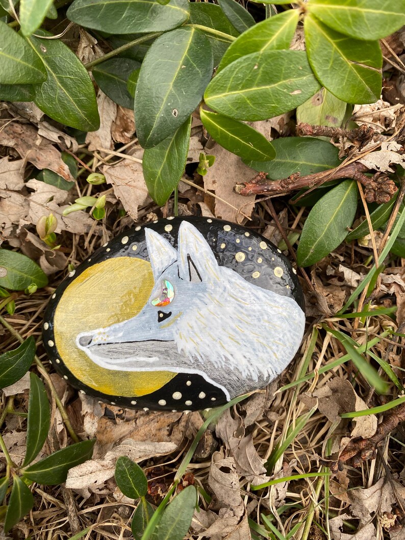 White Fox In Rocks Hand Painted White Fox Rock | Fox Art | Painted Rock | Fox Totem ...