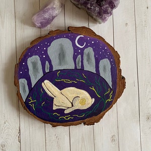 Sleeping Hare | Painting on Wood Slice | Acrylic Painting | Whimsical Art | Hare Art | Celtic Art | Power Animals | Dreaming Hare