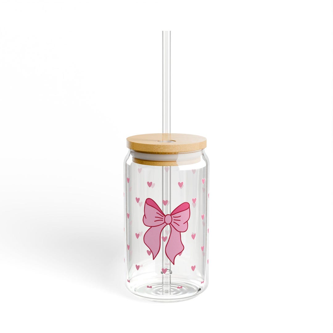 Pink Bow Hearts Glass Tumbler | 16oz Feminine Coquette Cup With Straw ...