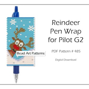 May include: A bead art pattern for a reindeer pen wrap for a Pilot G2 pen. The pattern is for a blue pen wrap with a white background and a reindeer design. The pattern is a digital download and is PDF Pattern # 485.