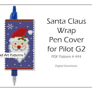 May include: A bead art pattern for a Santa Claus pen cover for a Pilot G2 pen. The pattern is in a blue and white color scheme with a red Santa Claus face in the center. The pattern is for a digital download. Bead Art Patterns is printed at the bottom of the image.