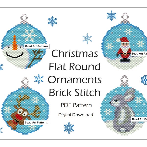 Christmas Flat Round Ornaments SET beaded brick stitch PDF patterns for miyuki delica seed beads