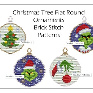 May include: Three Christmas ornament beading patterns featuring a Christmas tree, a Grinch with a Santa hat, and a Grinch with a Christmas tree and a present. The patterns are labeled "Bead Art Patterns".