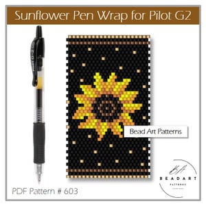 May include: A beading pattern for a sunflower pen wrap for a Pilot G2 pen. The pattern is black with a yellow sunflower in the center. The pattern is labeled "Bead Art Patterns".