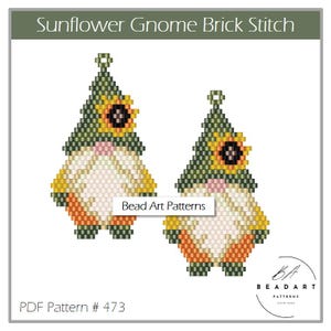 Peut inclure: Un modèle PDF pour la création de boucles d'oreilles en perles représentant des gnomes aux tournesols. Les gnomes sont verts, blancs, orange et jaunes. Le modèle s'appelle "Sunflower Gnome Brick Stitch" et porte le numéro 473.