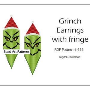 May include: Grinch earrings with fringe bead pattern. The earrings are green with a red Santa hat and yellow eyes. The pattern is for PDF download. Bead Art Patterns.