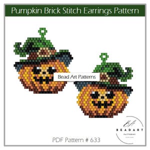 May include: A digital PDF pattern for pumpkin brick stitch earrings. The earrings are orange, brown, black, and green, with a jack-o'-lantern face and a witch hat. The pattern is from Bead Art Patterns, PDF Pattern #633.