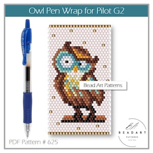 May include: A blue Pilot G-2 05 pen beside a beaded owl pen wrap. The owl design uses brown, blue, and yellow beads. The text "Owl Pen Wrap for Pilot G2" and "Bead Art Patterns" are visible.
