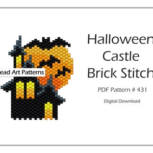 May include: A bead art pattern for a Halloween castle with a brick stitch design. The pattern includes a black castle with yellow windows and a large orange moon with bats flying around it. The text "Bead Art Patterns" is in a white box at the top of the image. The text "Halloween Castle Brick Stitch" is in black text at the top right of the image. The text "PDF Pattern # 431" is in black text below the title. The text "Digital Download" is in black text below the pattern number.