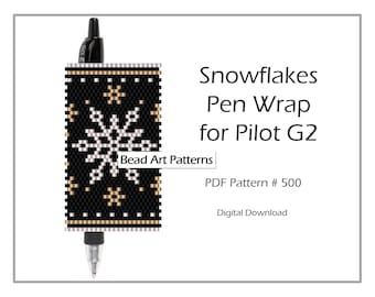 Snowflakes Beaded Christmas Black Pen Wrap for Pilot G2 cover even count peyote stitch PDF pattern for miyuki delica seed beads #500