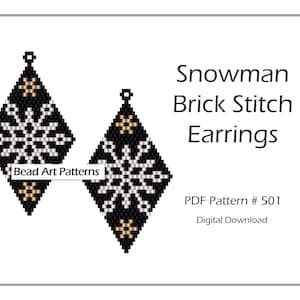 May include: A pair of black and white snowflake earrings with gold accents. The earrings are made with brick stitch beading and are available as a digital download PDF pattern. The pattern is numbered 501. Bead Art Patterns.