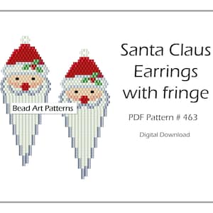 Puede incluir: Un patrón de descarga digital para pendientes de cuentas con un diseño de Papá Noel con flecos. El patrón es para descargar en PDF y está etiquetado como "Santa Claus Earrings with fringe, PDF Pattern # 463, Digital Download".