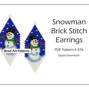 May include: A pair of diamond-shaped earrings featuring a snowman design, created using the brick stitch technique. The earrings have a blue background with white snowflakes and the text "Snowman Brick Stitch Earrings". The PDF pattern is available as a digital download.
