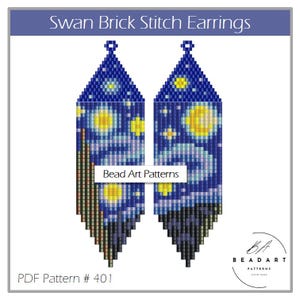 May include: A PDF pattern for brick stitch earrings featuring a starry night design. The pattern is titled "Swan Brick Stitch Earrings" and includes the text "Bead Art Patterns" and "PDF Pattern # 401".
