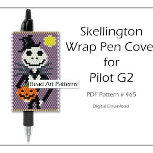 May include: A bead art pattern for a pen cover featuring a cartoon skeleton holding a pumpkin. The pattern is for a Pilot G2 pen and is called "Skellington Wrap Pen Cover".