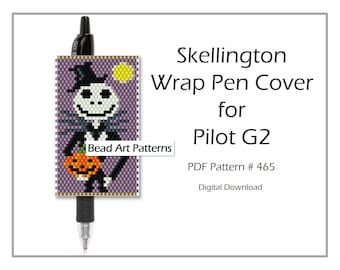 Skellington Beaded Wrap Pen Pilot G2 cover peyote PDF pattern for miyuki delica seed beads #465