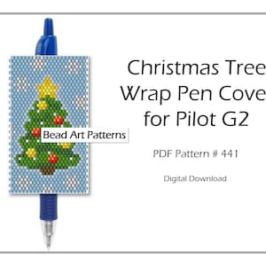 May include: A PDF pattern for a beaded Christmas tree pen cover for a Pilot G2 pen. The pattern is for a blue pen cover with a green Christmas tree with red and yellow ornaments and a yellow star on top. The pattern is on a blue background with white snowflakes. The pattern is called "Bead Art Patterns" and is PDF Pattern # 441.