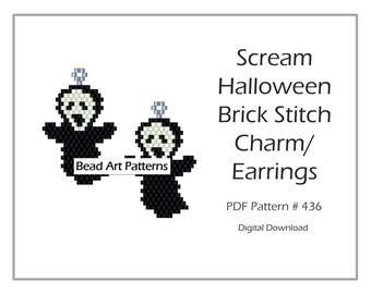 Halloween Skull Brick Stitch Charm Earrings PDF pattern for miyuki delica seed beads #436