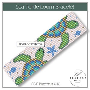 Puede incluir: Un patrón de pulsera de telar de cuentas con dos tortugas marinas en tonos verdes y azules, con un fondo blanco. El texto "Sea Turtle Loom Bracelet" está en la parte superior y "PDF Pattern #646" en la inferior. El patrón es de Bead Art Patterns.
