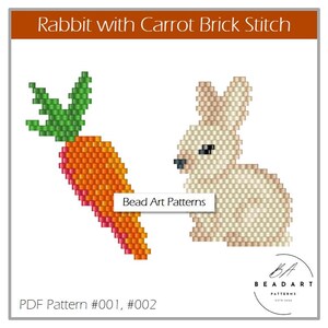 May include: A bead art pattern for a white rabbit and an orange carrot. The pattern is called "Rabbit with Carrot Brick Stitch" and is labeled "PDF Pattern #001, #002".