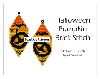 Beaded Halloween Earrings Pumpkin Brick Stitch PDF pattern for miyuki delica 11/0 seed beads #487
